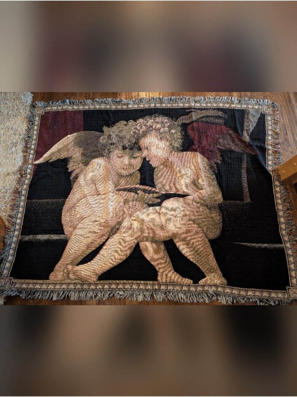 Chatam Vintage Tapestry Throw Cherub Angels Rosso Fiorentino artist 100% Cotton
